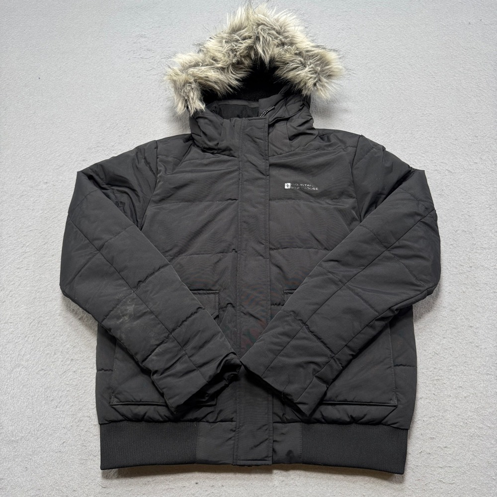 Mountain Warehouse Puffer Jacket Women's 8 Black Faux Fur Trim Hood Insulated